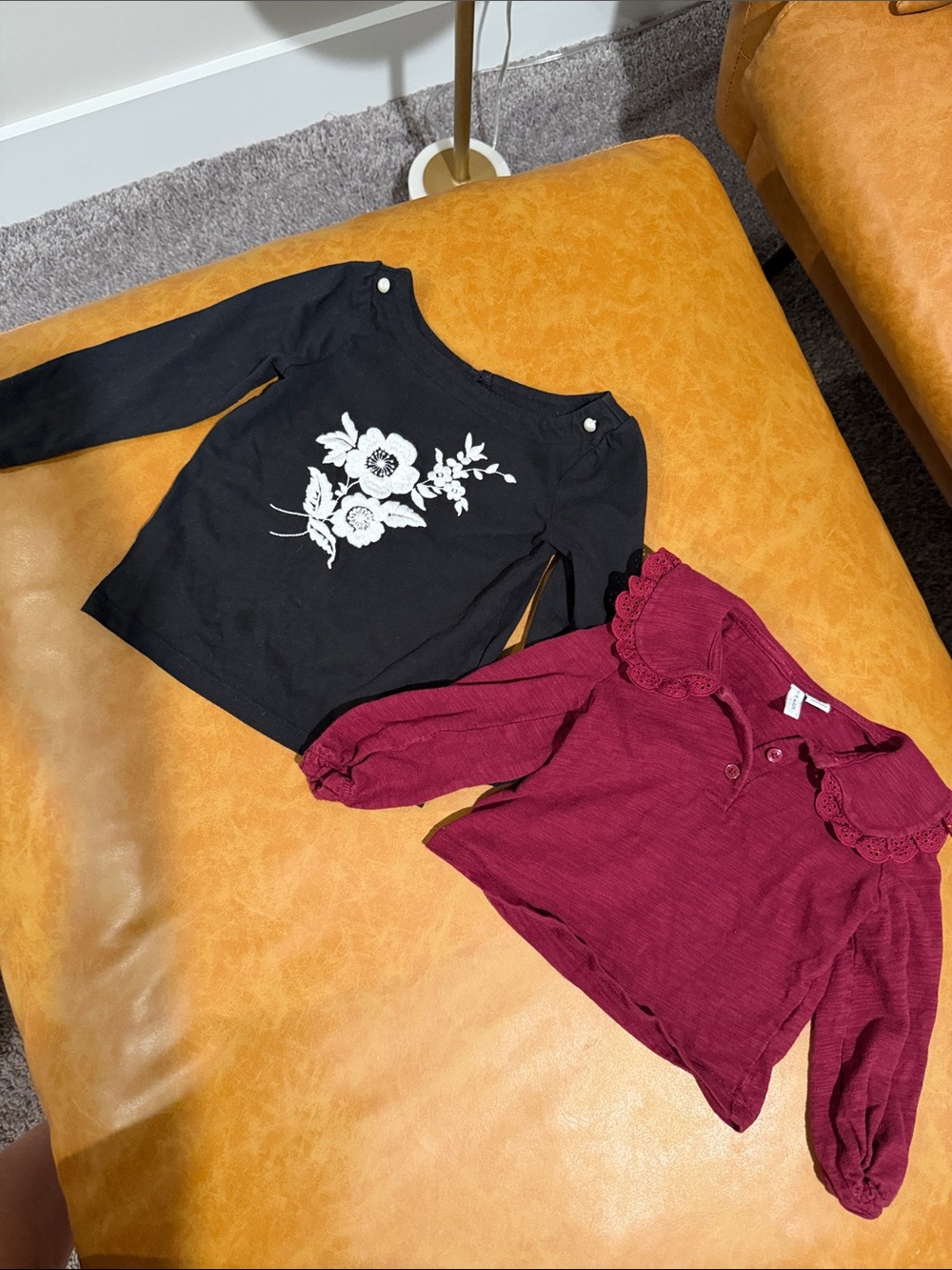 Janie and Jack Black Floral Applique Top & Burgundy Lace-Collar Long-Sleeve Tees